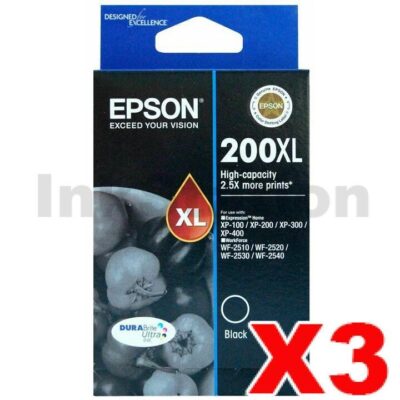 3 x Epson 200XL (C13T201192) Genuine Black High Yield Inkjet Cartridge - 500 pages