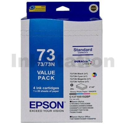 Value Pack -  Epson Genuine T0731-T0734 [73N] Series Ink Cartridges [C13T105192BP] [1BK,1C,1M,1Y]