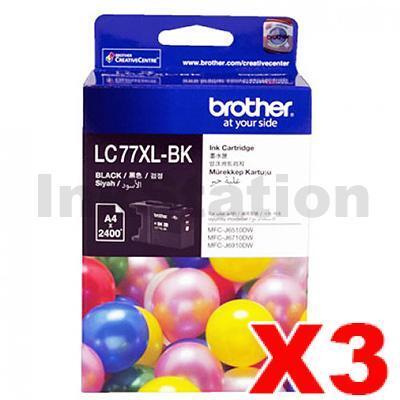 3 x Genuine Brother LC-77XLBK High Yield Black Ink Cartridge - 2,400 pages each