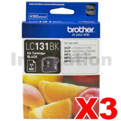 3 x Genuine Brother LC-131BK Black Ink Cartridge - 300 Pages [3BK]