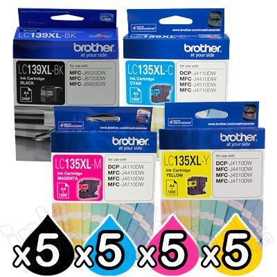 20 Pack Genuine Brother LC-139XL/LC-135XL High Yield Ink Combo [5BK+5C+5M+5Y]