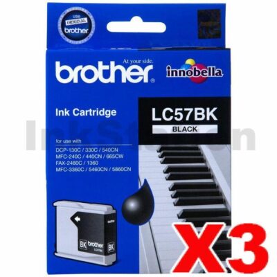 3 x Genuine Brother LC-57BK Black Ink Cartridge - 500 pages each