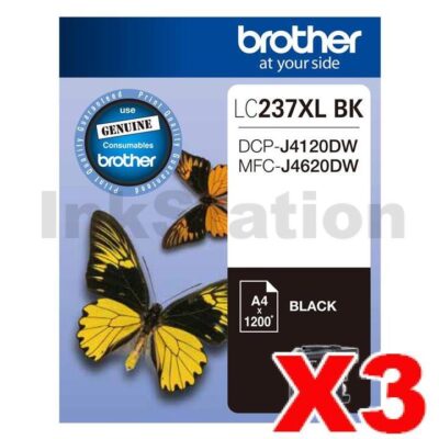 3 x Genuine Brother LC-237XLBK High Yield Black Ink Cartridge - 1,200 pages