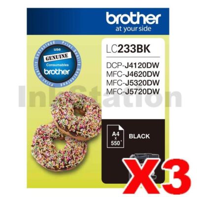 3 x Genuine Brother LC-233BK Black Ink Cartridge - 550 pages each