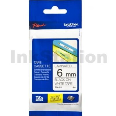 Brother TZe-211 Genuine 6mm Black Text on White Laminated Tape - 8 meters