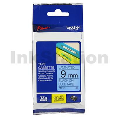 Brother TZe-521 Genuine 9mm Black Text on Blue Laminated Tape - 8 meters