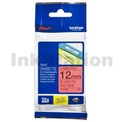 Brother TZe-431 Genuine 12mm Black Text on Red Laminated Tape - 8 meters