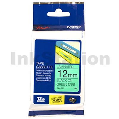 Brother TZe-731 Genuine 12mm Black Text on Green Laminated Tape - 8 meters