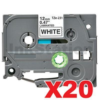 20 x Brother TZe-231 Compatible 12mm Black Text on White Laminated Tape - 8 meters