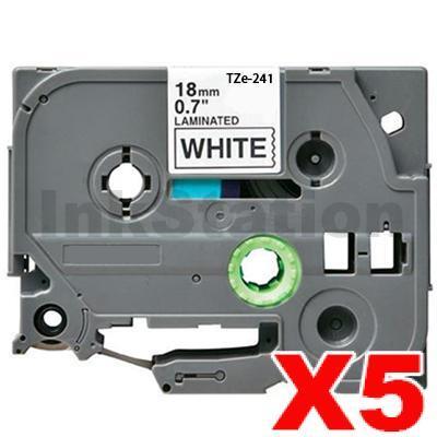 5 x Brother TZe-241 Compatible 18mm Black Text on White Laminated Tape - 8 meters