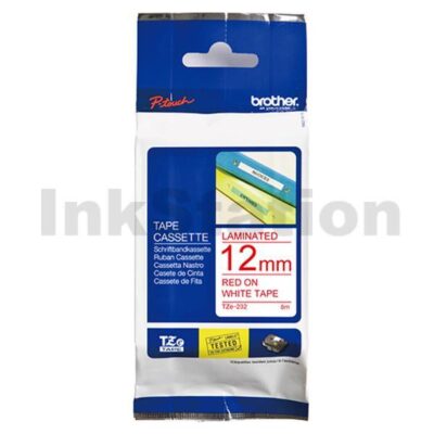 Brother TZe-232 Genuine 12mm Red Text on White Laminated Tape - 8 meters