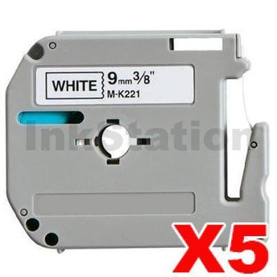 5 x Brother M-K221 Compatible 9mm Black Text on White Tape - 8 meters