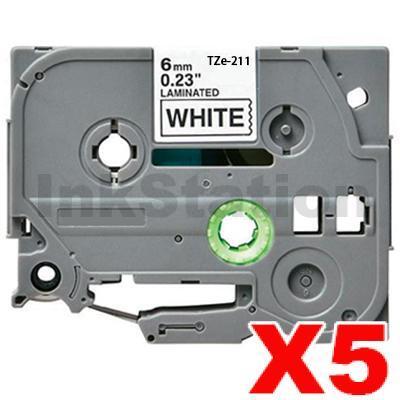 5 x Brother TZe-211 Compatible 6mm Black Text on White Laminated Tape - 8 meters