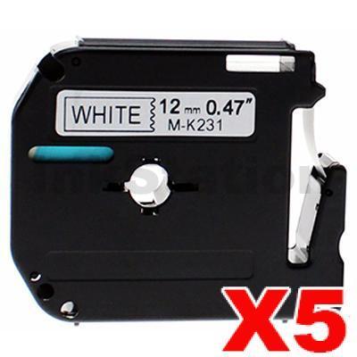 5 x Brother M-K231 Compatible 12mm Black Text on White Tape - 8 meters