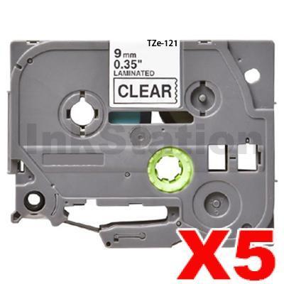 5 x Brother TZe-121 Compatible 9mm Black Text on Clear Laminated Tape - 8 meters