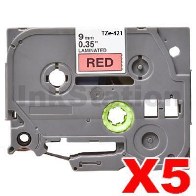 5 x Brother TZe-421 Compatible 9mm Black Text on Red Laminated Tape - 8 meters