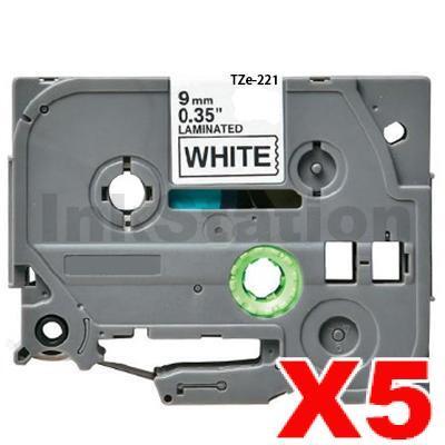 5 x Brother TZe-221 Compatible 9mm Black Text on White Laminated Tape - 8 meters