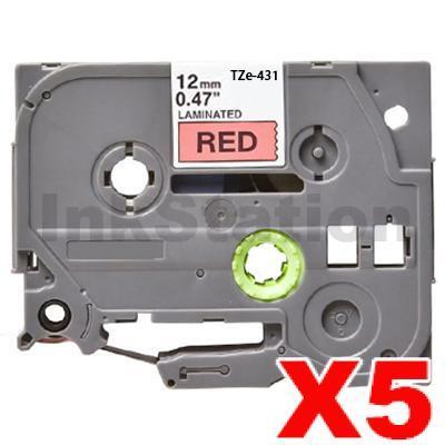 5 x Brother TZe-431 Compatible 12mm Black Text on Red Laminated Tape - 8 meters