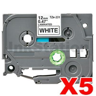 5 x Brother TZe-231 Compatible 12mm Black Text on White Laminated Tape - 8 meters