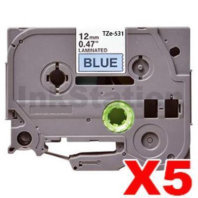 5 x Brother TZe-531 Compatible 12mm Black Text on Blue Laminated Tape - 8 meters