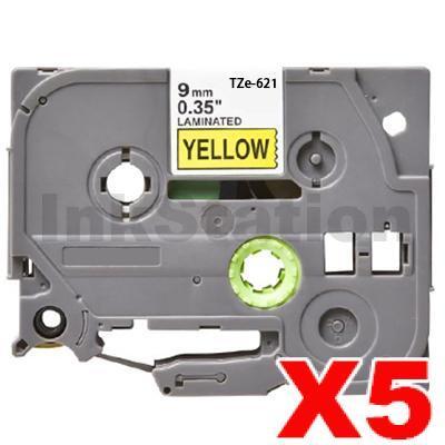 5 x Brother TZe-621 Compatible 9mm Black Text on Yellow Laminated Tape - 8 meters