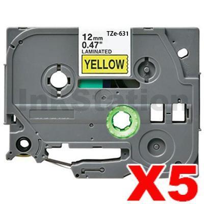5 x Brother TZe-631 Compatible 12mm Black Text on Yellow Laminated Tape - 8 meters