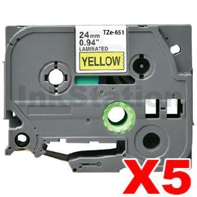 5 x Brother TZe-651 Compatible 24mm Black Text on Yellow Laminated Tape - 8 meters