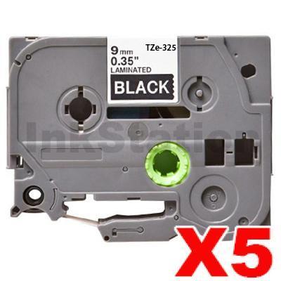 5 x Brother TZe-325 Compatible 9mm White Text on Black Laminated Tape - 8 meters