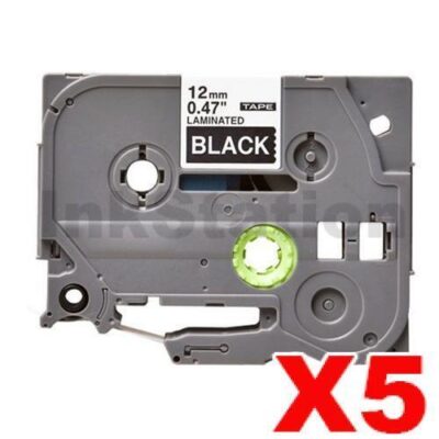 5 x Brother TZe-335 Compatible 12mm White Text on Black Laminated Tape - 8 meters