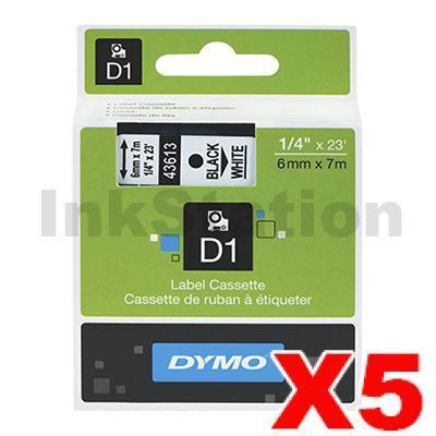 5 x Dymo SD43613 / S0720780 Genuine 6mm Black Text on White Label Cassette - 7 meters