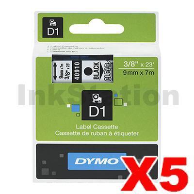 5 x Dymo SD40910 / S0720670 Genuine 9mm Black Text on Clear Label Cassette - 7 meters