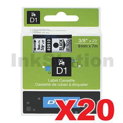 20 x Dymo SD40910 / S0720670 Genuine 9mm Black Text on Clear Label Cassette - 7 meters