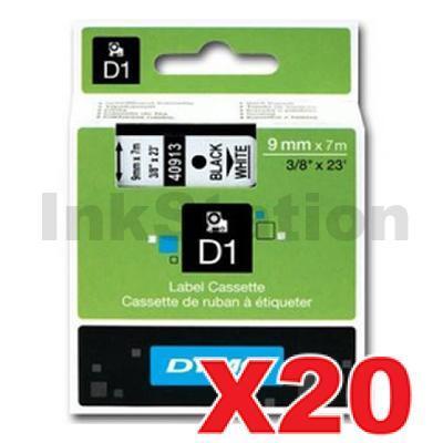 20 x Dymo SD40913 / S0720680 Genuine 9mm Black Text on White Label Cassette - 7 meters