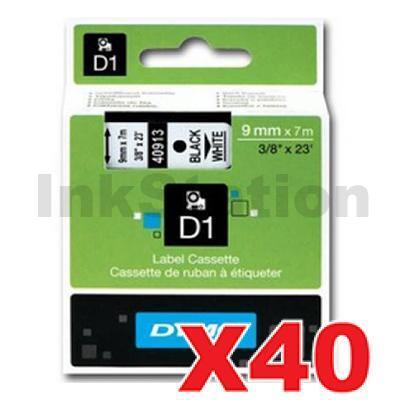 40 x Dymo SD40913 / S0720680 Genuine 9mm Black Text on White Label Cassette - 7 meters