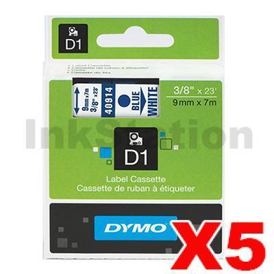 5 x Dymo SD40914 / S0720690 Genuine 9mm Blue Text on White Label Cassette - 7 meters