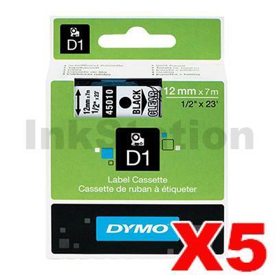 5 x Dymo SD45010 / S0720500 Genuine 12mm Black Text on Clear Label Cassette - 7 meters