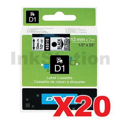20 x Dymo SD45010 / S0720500 Genuine 12mm Black Text on Clear Label Cassette - 7 meters