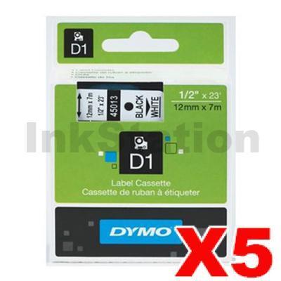 5 x Dymo SD45013 / S0720530 Genuine 12mm Black Text on White Label Cassette - 7 meters