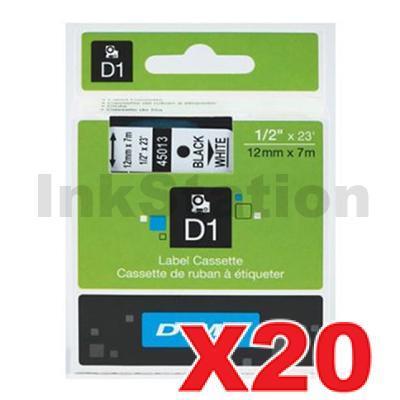 20 x Dymo SD45013 / S0720530 Genuine 12mm Black Text on White Label Cassette - 7 meters