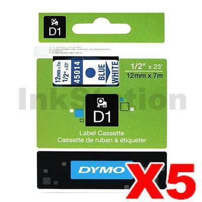 5 x Dymo SD45014 / S0720540 Genuine 12mm Blue Text on White Label Cassette - 7 meters