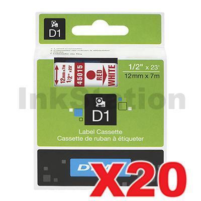 20 x Dymo SD45015 / S0720550 Genuine 12mm Red Text on White Label Cassette - 7 meters