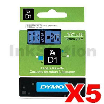5 x Dymo SD45016 / S0720560 Genuine 12mm Black Text on Blue Label Cassette - 7 meters