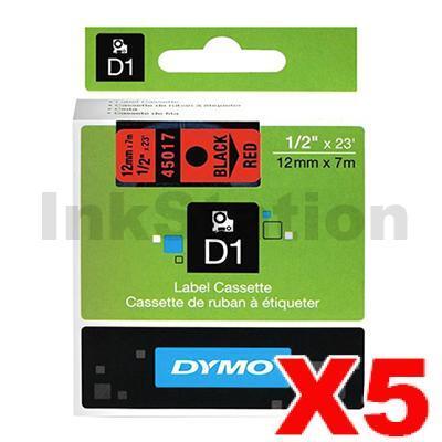5 x Dymo SD45017 / S0720570 Genuine 12mm Black Text on Red Label Cassette - 7 meters