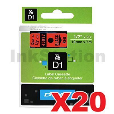 20 x Dymo SD45017 / S0720570 Genuine 12mm Black Text on Red Label Cassette - 7 meters