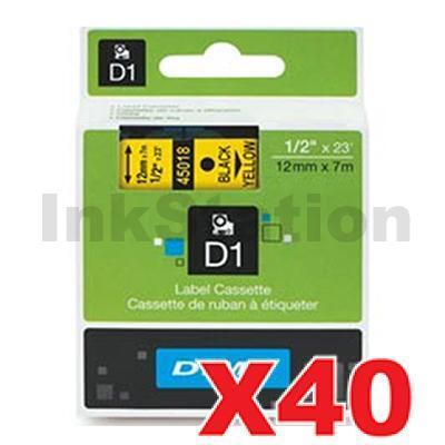 40 x Dymo SD45018 / S0720580 Genuine 12mm Black Text on Yellow Label Cassette - 7 meters