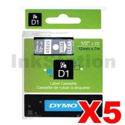 5 x Dymo SD45020 / S0720600 Genuine 12mm White Text on Clear Label Cassette - 7 meters