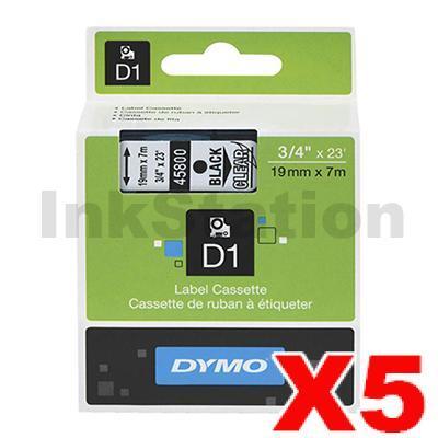 5 x Dymo SD45800 / S0720820 Genuine 19mm Black Text on Clear Label Cassette - 7 meters