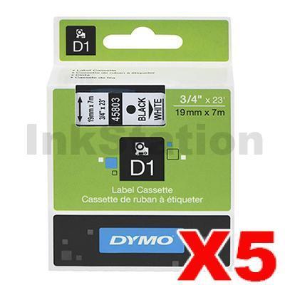 5 x Dymo SD45803 / S0720830 Genuine 19mm Black Text on White Label Cassette - 7 meters