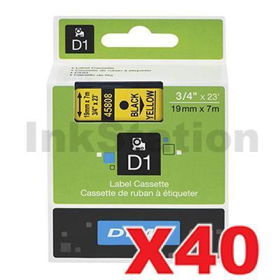 40 x Dymo SD45808 / S0720880 Genuine 19mm Black Text on Yellow Label Cassette - 7 meters