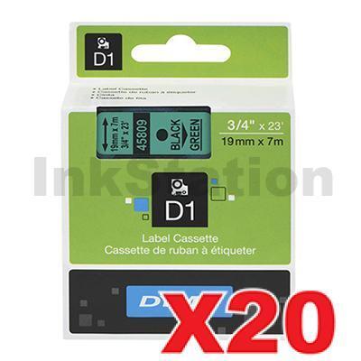 20 x Dymo SD45809 / S0720890 Genuine 19mm Black Text on Green Label Cassette - 7 meters